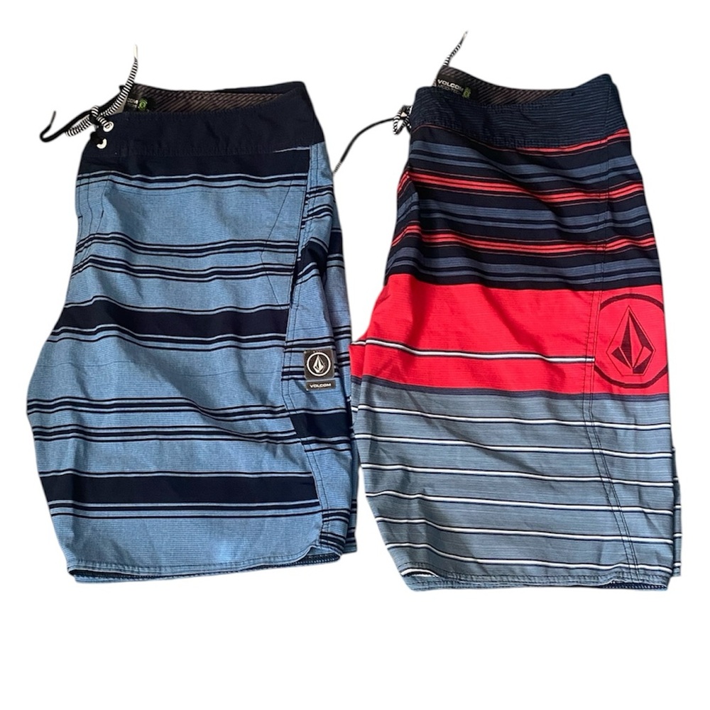 Set Of 2 Volcom Mod-Tech Red and Blue Striped Board Shorts